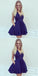 A-Line V-Neck Short Dark Blue Cheap Homecoming Dresses with Lace Pocket, QB0054