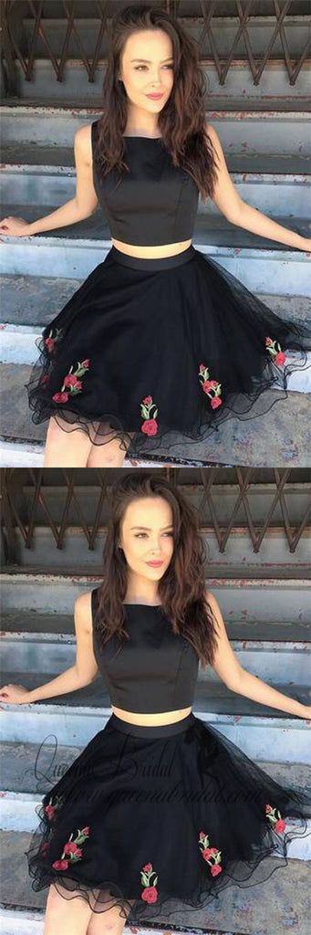 Cute Simple Two Piece Black Lace Cheap Homecoming Dresses 2018, CM416