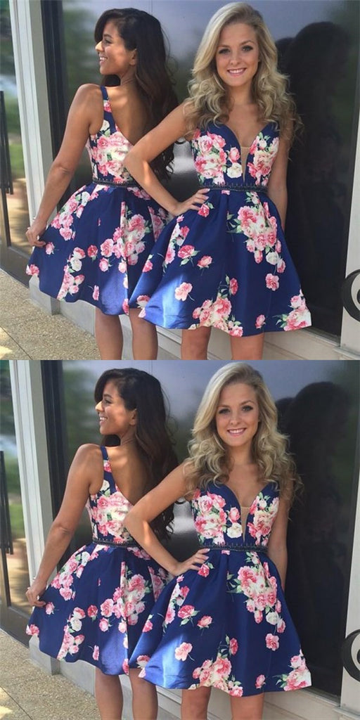 Sexy V-Neck Straps Short Cheap Floral Print Satin Homecoming Dresses, QB0192