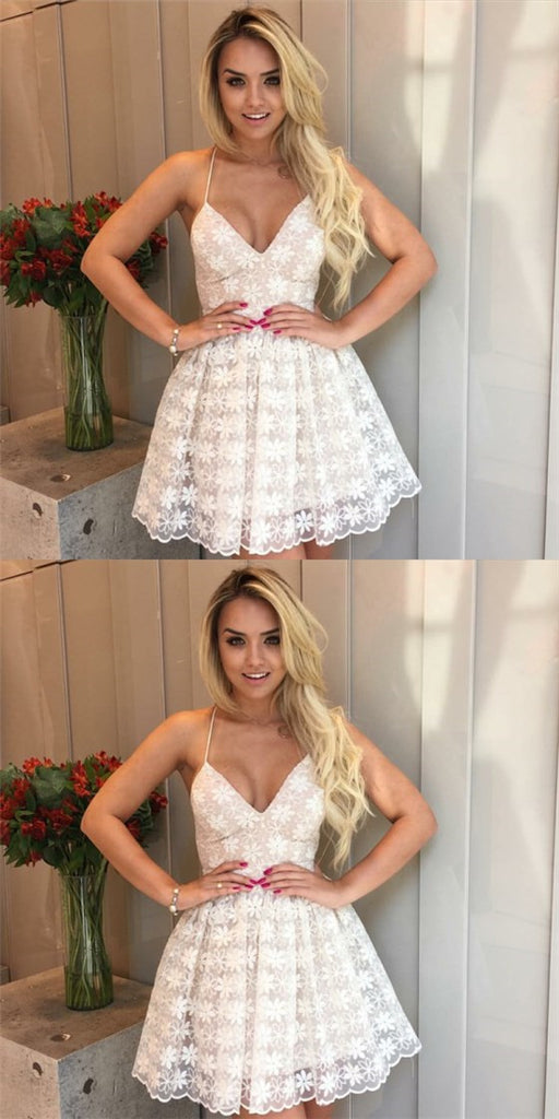 Sexy V-neck Spaghetti Straps Short White Lace Homecoming Dresses, QB0056