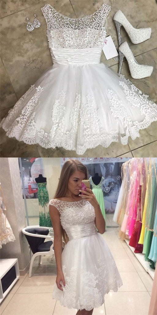 Pretty Bateau White Short Cheap Homecoming Dresses with Appliques & beaded, QB0190