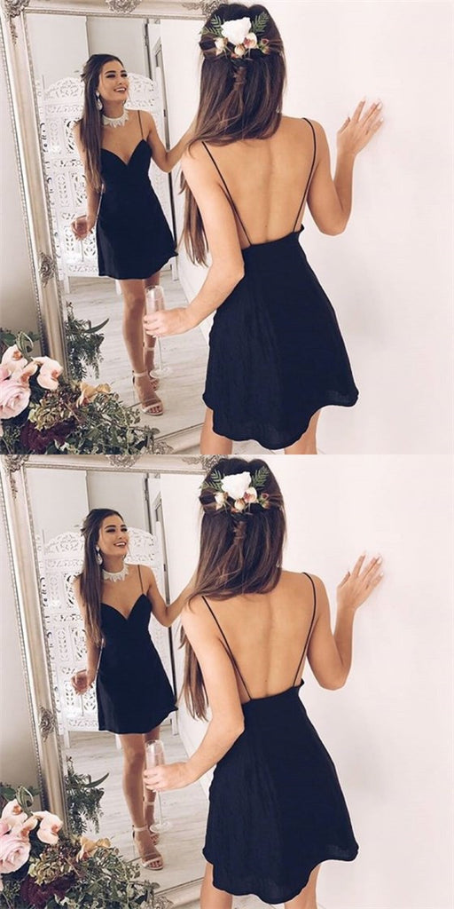 Sexy Spaghetti Strap Backless Short Cheap Black Homecoming Dresses Online, QB0045