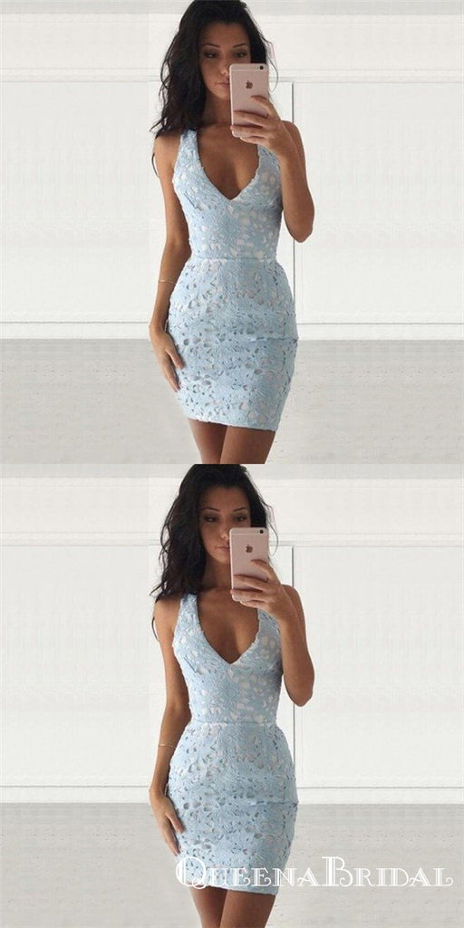 Tight V-Neck Sleeveless Short Cheap Light Blue Lace Homecoming Dresses, QB0178