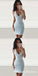 Tight V-Neck Sleeveless Short Cheap Light Blue Lace Homecoming Dresses, QB0178