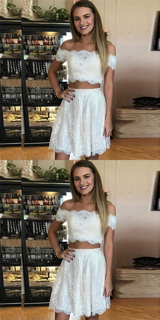 Two Piece Off-Shoulder Lace Short Cheap White Homecoming Dresses, QB0175