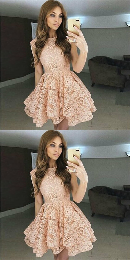 Pretty Bateau Cap Sleeves Blush Pink Short Cheap Lace Homecoming Dresses, QB0186