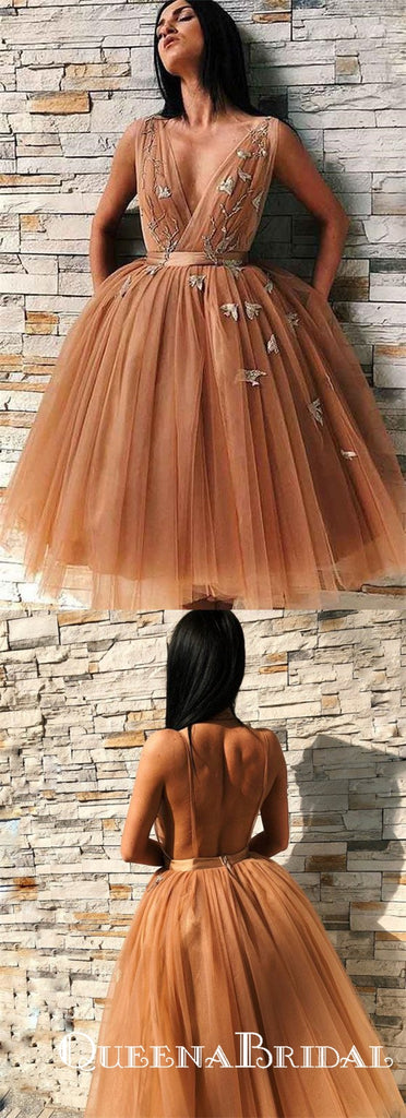 Chic V-Neck Sleeveless Brown Tulle Short Homecoming Dresses With Applique, QB0836