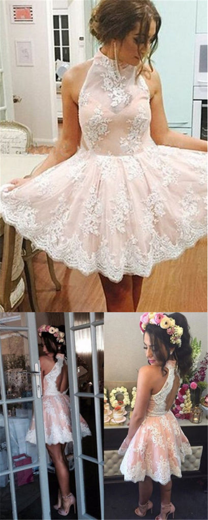 A-Line High Neck Appliques Short Cheap Pink Lace Homecoming Dresses, QB0067