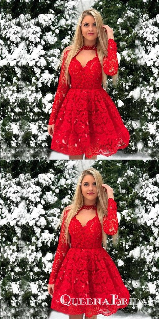 Lace Red Halter Chic Long-Sleeves A-Line Short Homecoming Dresses, QB0833