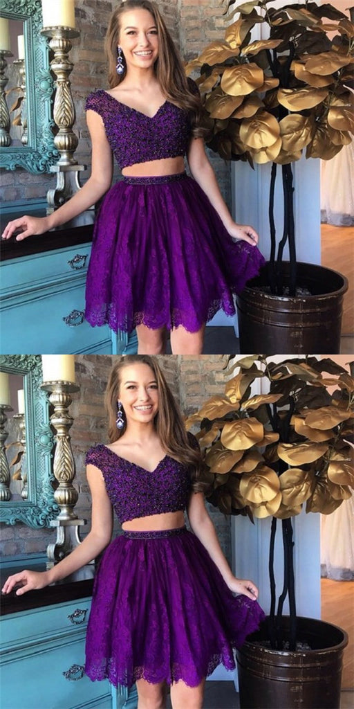 Two Piece V-Neck Beading Purple Short Cheap Homecoming Dresses with Lace, QB0183