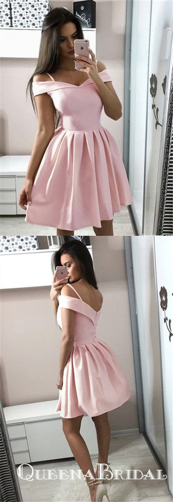 A-Line Off-the-Shoulder Above-Knee Pink Satin Homecoming Dresses, QB0838