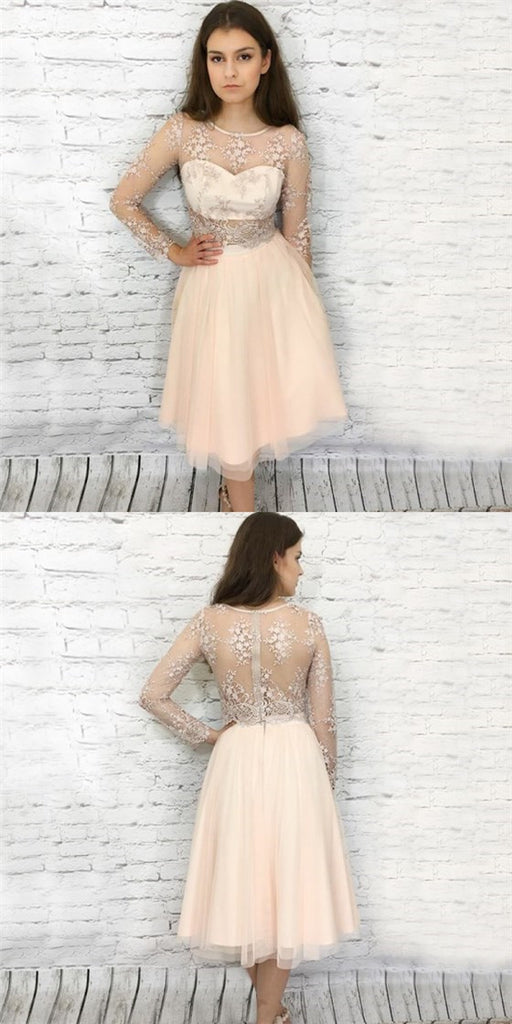 Round Neck Long Sleeves Cheap Short Homecoming Dresses with Appliques, QB0216