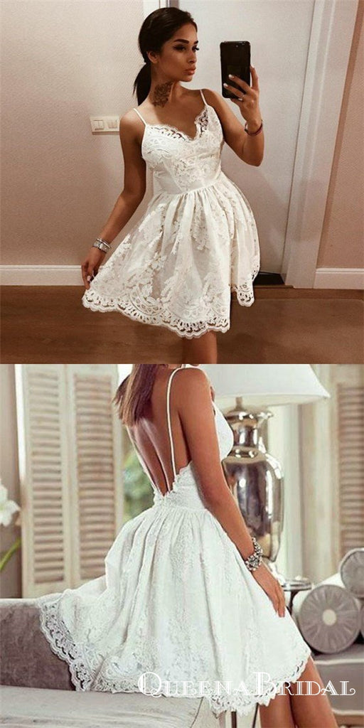 Sexy Spaghetti Strap Backless White Homecoming Dresses with Appliques, QB0060