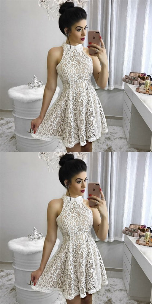 Popular A-Line High Neck Short Lace Cheap Homecoming Dresses, QB0057