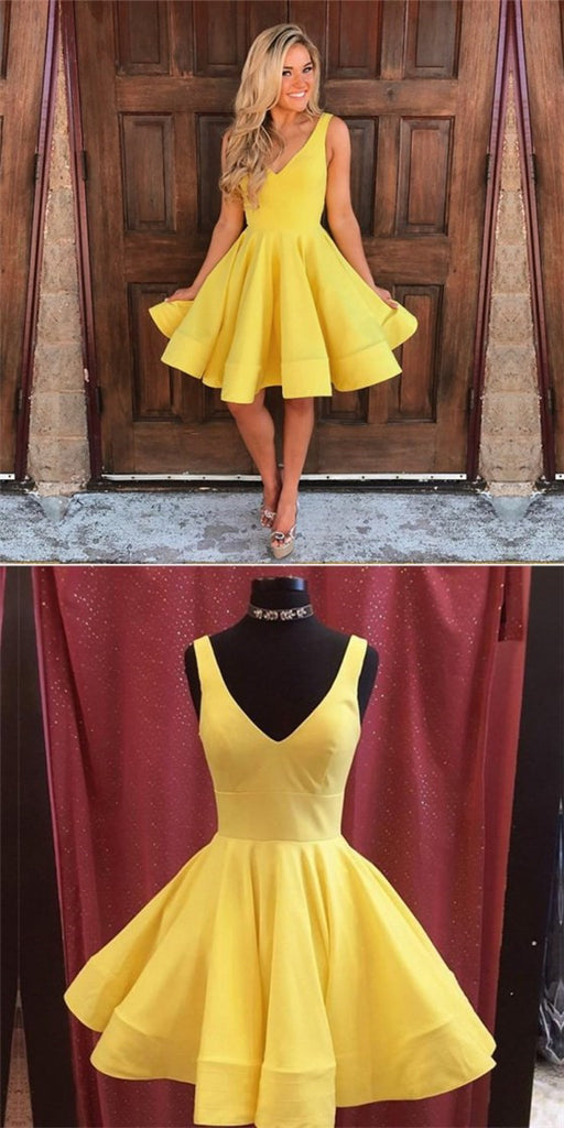 Simple A-Line V-Neck Sleeveless Short Yellow Cheap Homecoming Dresses, QB0042