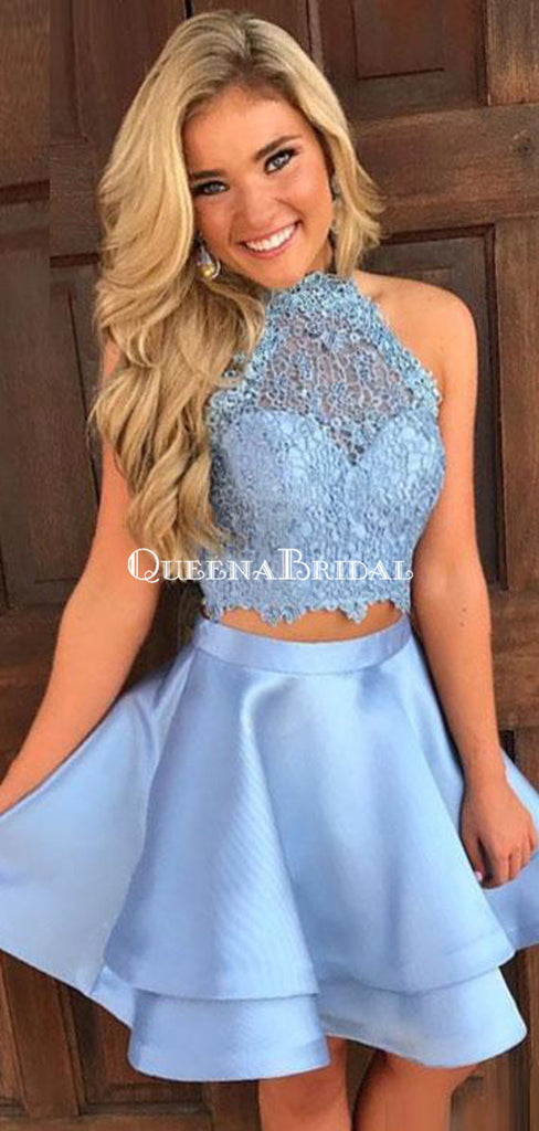 Two Pieces Blue Lace Halter Cheap Homecoming Dresses 2018, CM410