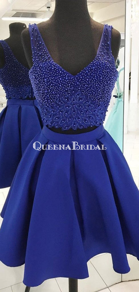 V Neck Beaded Royal Blue Two Piece Homecoming Dresses 2018, CM500