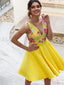 Yellow V-neck Satin A-line Short Cheap Party Homecoming Dresses, HDS0032