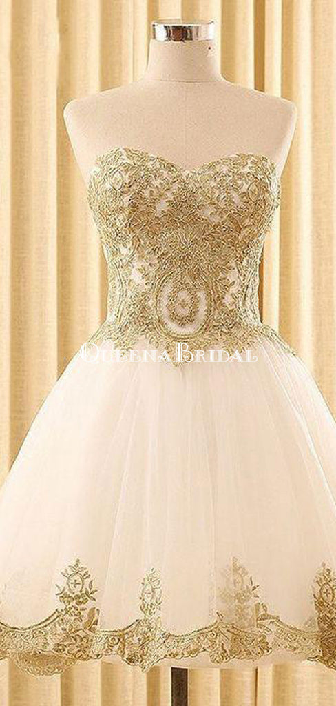 Sweetheart Gold Lace White Tulle Short Cheap Homecoming Dresses Online, CM578