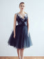 V-neck Navy Tulle A-line Short Cheap Party Homecoming Dresses, HDS0033