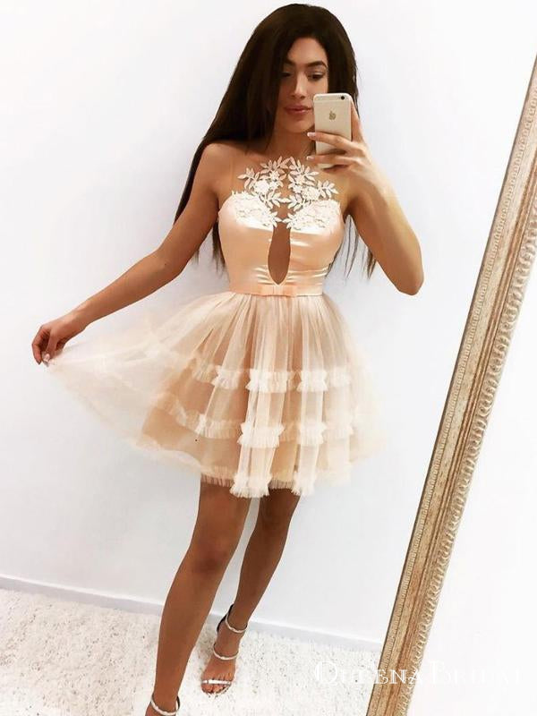 Champagne Halter Tulle A-line Short Cheap Party Homecoming Dresses, HDS0022