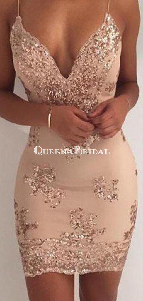 Spaghetti Straps V Neck Mermaid Tight Homecoming Dresses,CM442