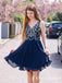 Charming V-neck Navy Blue Chiffon Beaded Short Party Homecoming Dresses, HDS0010