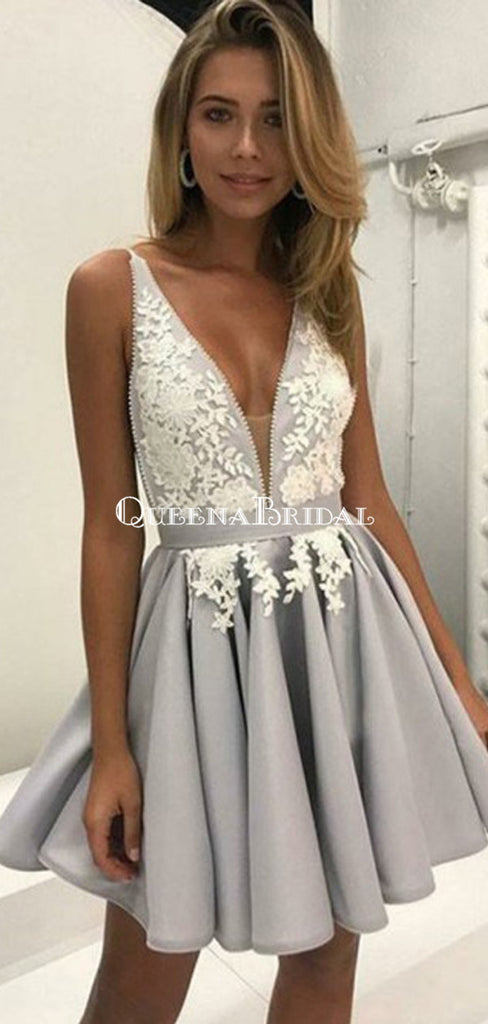 Sexy Deep V-Neck Gray Short Cheap Homecoming Dresses with Appliques, QB0046