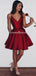 Simple Spaghetti Straps Short Dark Red Satin Homecoming Dresses with Pockets, QB0041