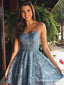 Charming Spaghetti Strap Blue Lace A-line Short Cheap Party Homecoming Dresses, HDS0016