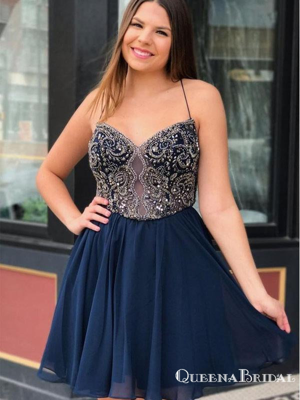 Sexy Halter-Strap Navy Blue Chiffon Beaded A-line Short Cheap Party Homecoming Dresses, HDS0019