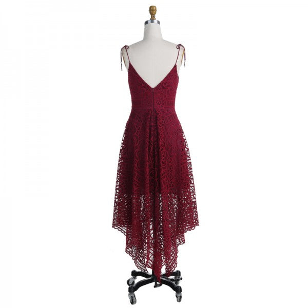 Elegant V-Neck Asymmetrical Burgundy Lace Bridesmaid Dresses Online, QB0144