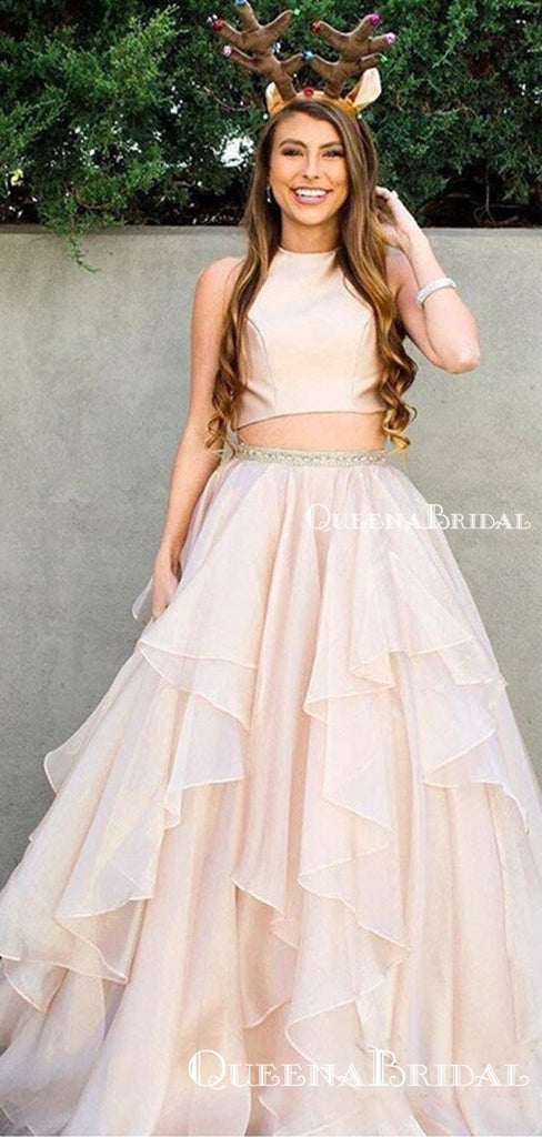 Two Piece Charming Elegant Round Neck Sleeveless Organza Ball Gown Long Cheap Prom Dresses, PDS0019