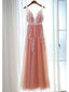 Lace Appliqued Peach Formal Dresses Navy Blue Tulle See Through Prom Dresses, QB0280