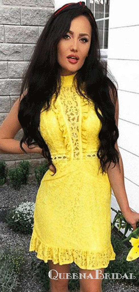 Elegant Sheath High Neck Sleeveless Yellow Lace Homecoming Dresses, QB0889