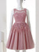 Pink Illusion See Through Lace Beaded Short Cheap Homecoming Dresses Online, CM568