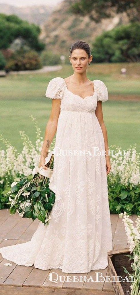 Short Sleeves Bateau Neckline Charming Elegant A-line Long Cheap Lace Wedding Dresses, QB0938