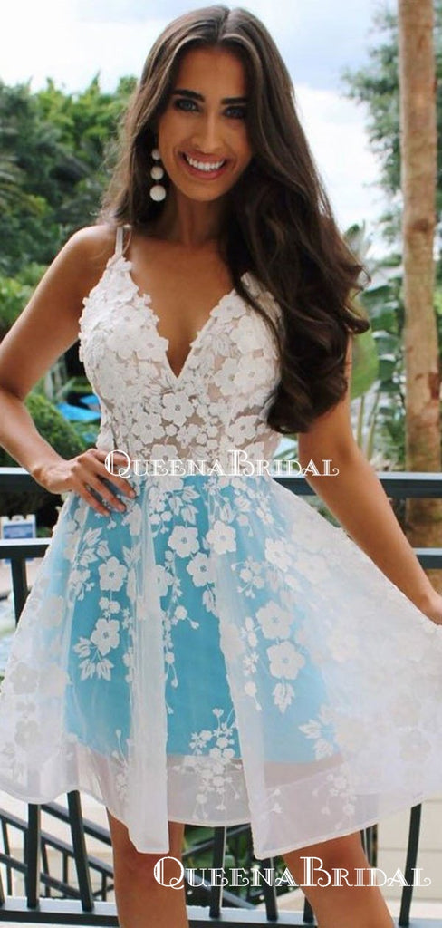 Elegant V-neck White Lace A-line Short Cheap Party Homecoming Dresses, HDS0013