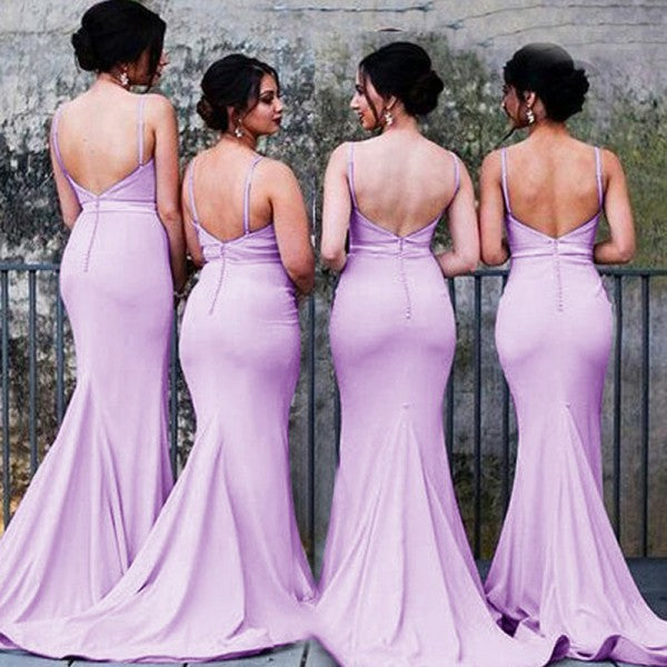 Mermaid Spaghetti Strap Long Cheap Lavender Satin Bridesmaid Dresses Online, QB0152