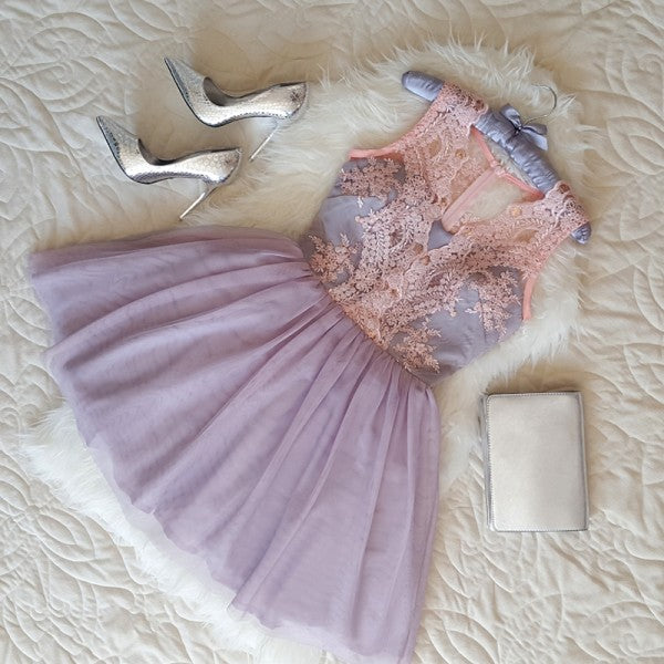 Pretty V-Neck Short Cheap Lavender Homecoming Dresses with Lace Applique, QB0196