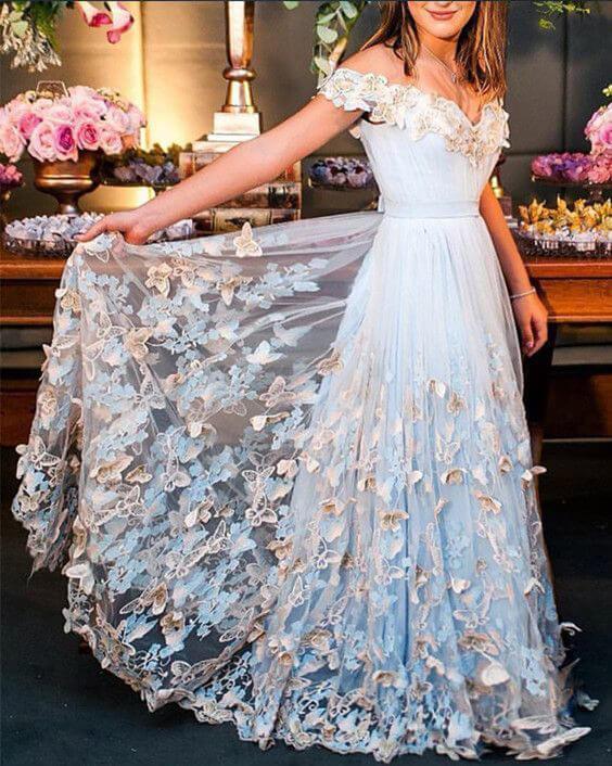 Light Blue Prom Dresses Lace Appliqued Off the Shoulder Long Prom Dresses, QB0337