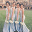 Sexy Deep V-Neck Mermaid Light Blue Satin Long Cheap Bridesmaid Dresses Online, QB0019