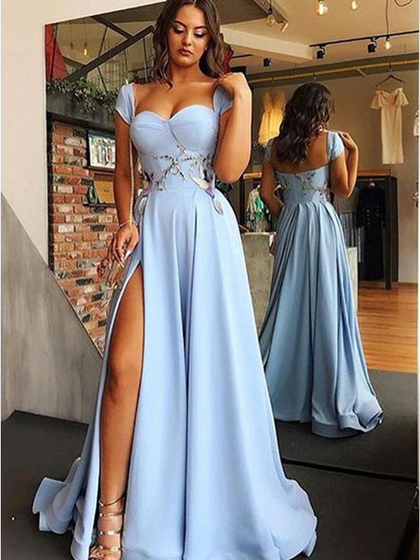 Cap Sleeves Side Slit Blue Sweetheart Long Evening Prom Dresses, QB0431