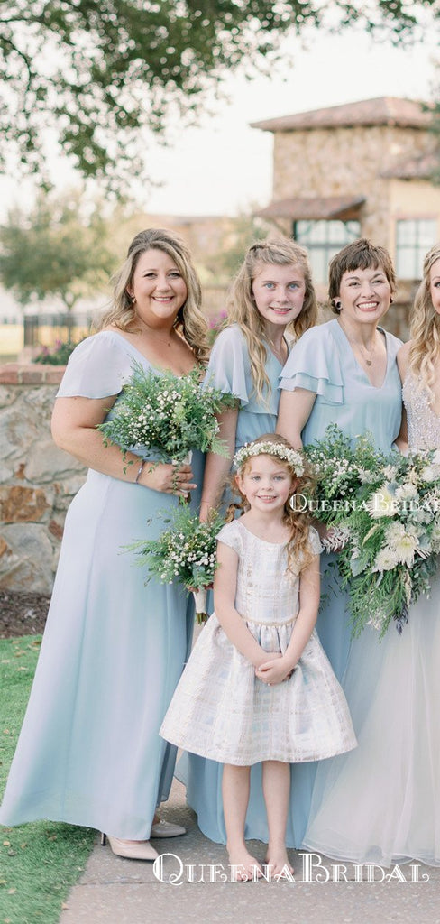 Mismatched Light Blue Chiffon A-line Long Cheap Floor-Length Bridesmaid Dresses, BDS0030