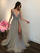 Long Backless Grey Sexy Prom Dresses with Slit Rhinestone See Through Evening Gowns, QB0286