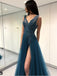 Long See Through Thigh Slit Blue Prom Dresses Backless Beaded Lace Prom Dresses, QB0334