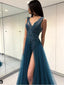 Long See Through Thigh Slit Blue Prom Dresses Backless Beaded Lace Prom Dresses, QB0334