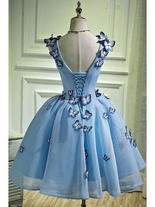 Long Sky Blue Prom Dresses Butterfly Applique Quinceanera Dresses, QB0315