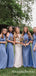 Unique Desigh Halter Neckline Short Sleeves A-line Long Cheap Blue Jersey Bridesmaid Dresses, QB0947