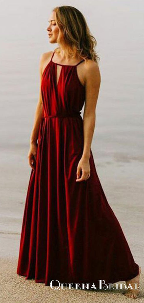 A-Line Square Neck Red Chiffon Long Cheap Bridesmaid Dresses, QB0844